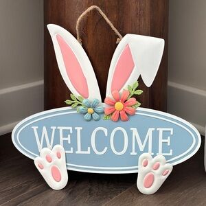 Welcome Metal Door/wall hanging decor,bunny ears & feet,florals,spring,Easter